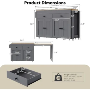 74.5-inch Kitchen Island with Extendable Dining Table